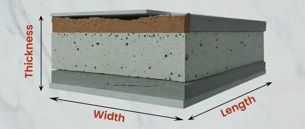 Concrete slab cross section showing thickness, width, and length